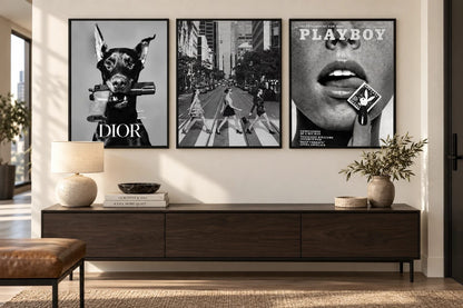 The three black-and-white fashion and editorial scenes grouped on a wall; frames are not included.