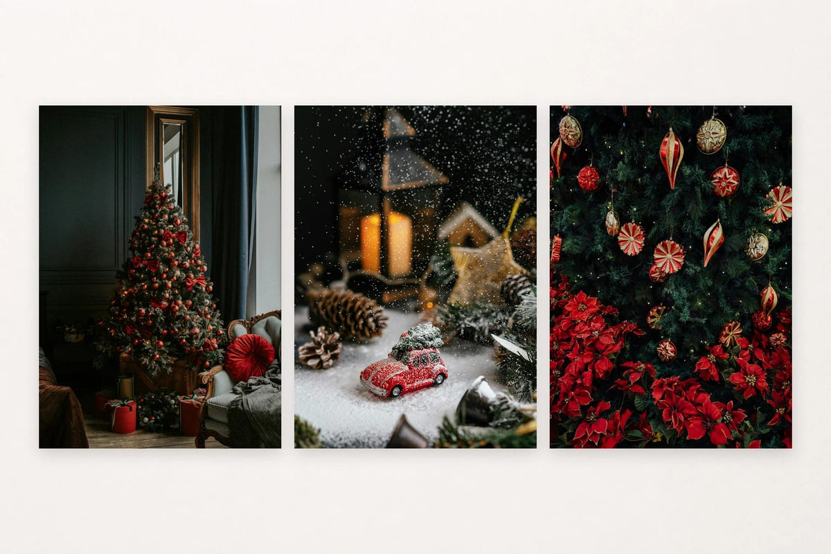 Red and gold decorations carry through a tree, toy car, and evergreen still life.
