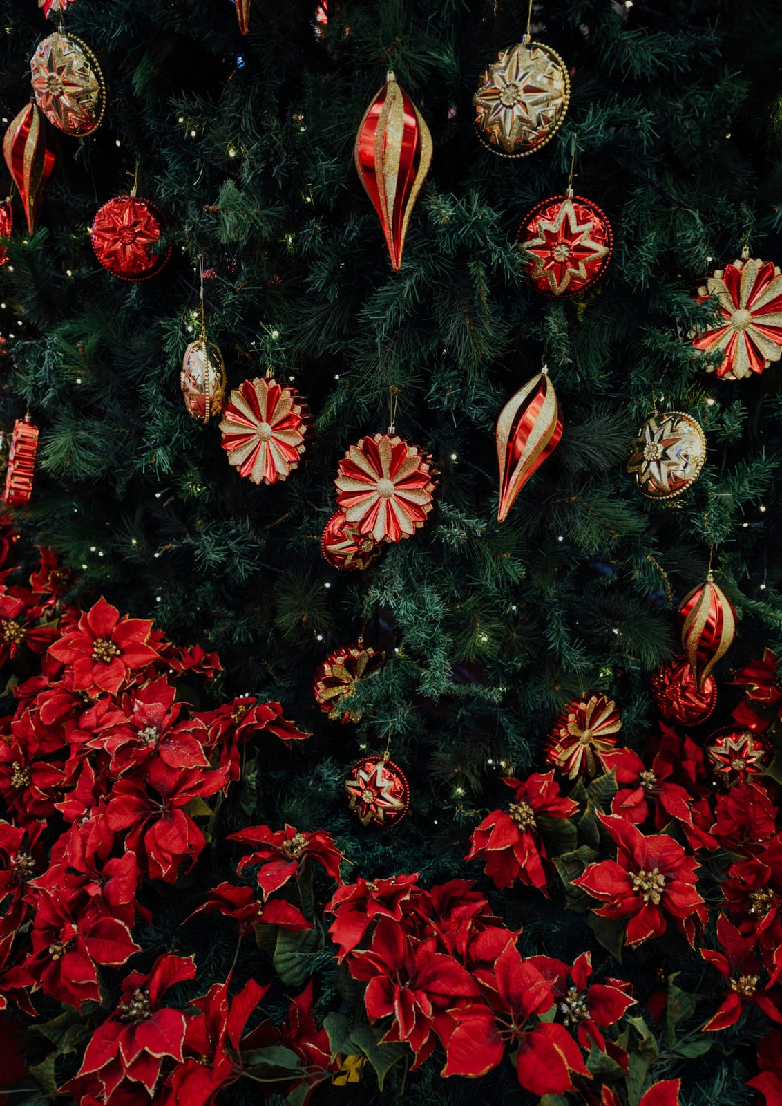 Red flowers and gold ornaments sit among green evergreen branches.