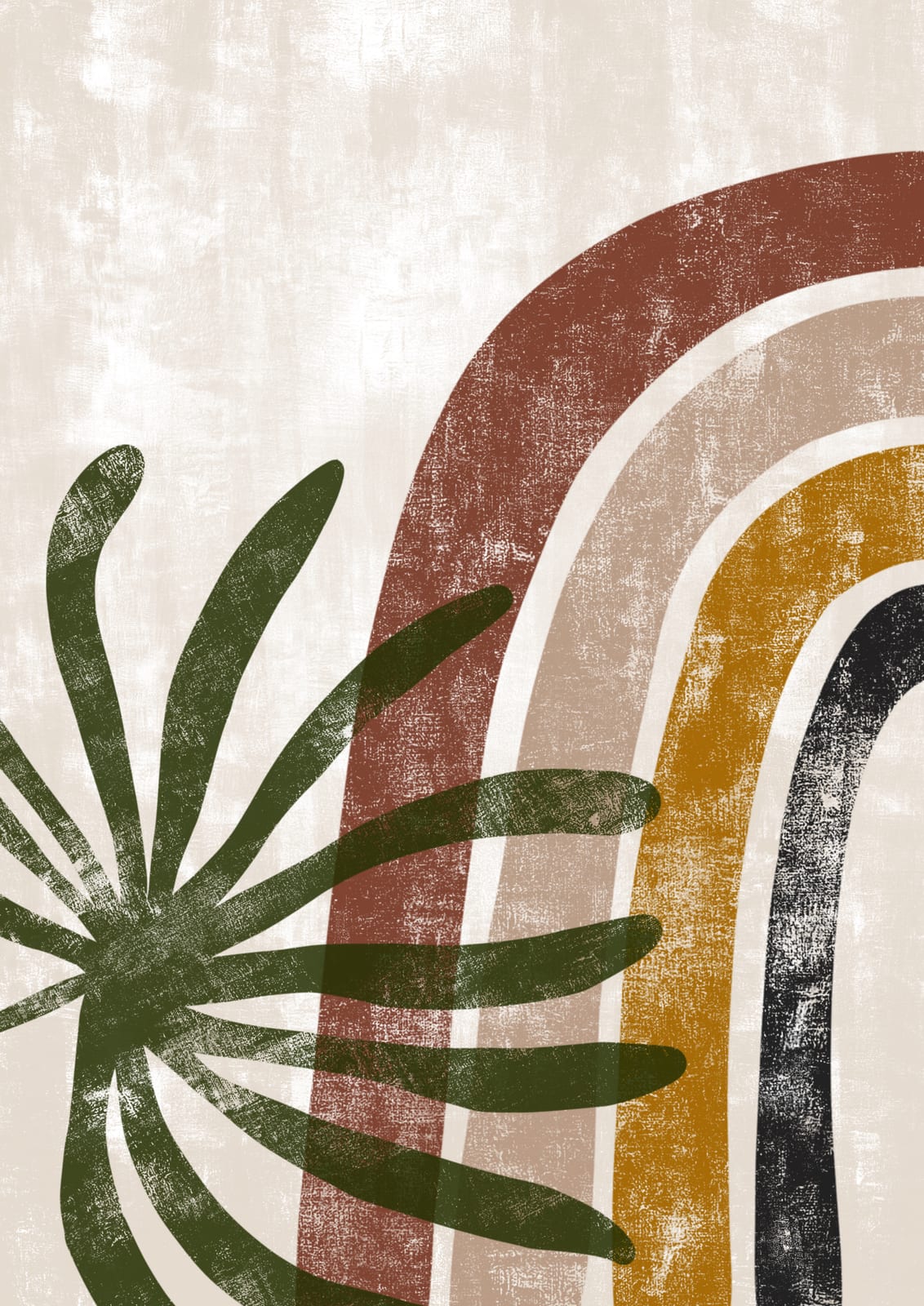 Olive leaves appear above brown and ochre arches.