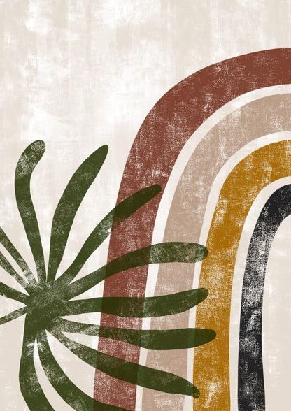 Olive leaves appear above brown and ochre arches.