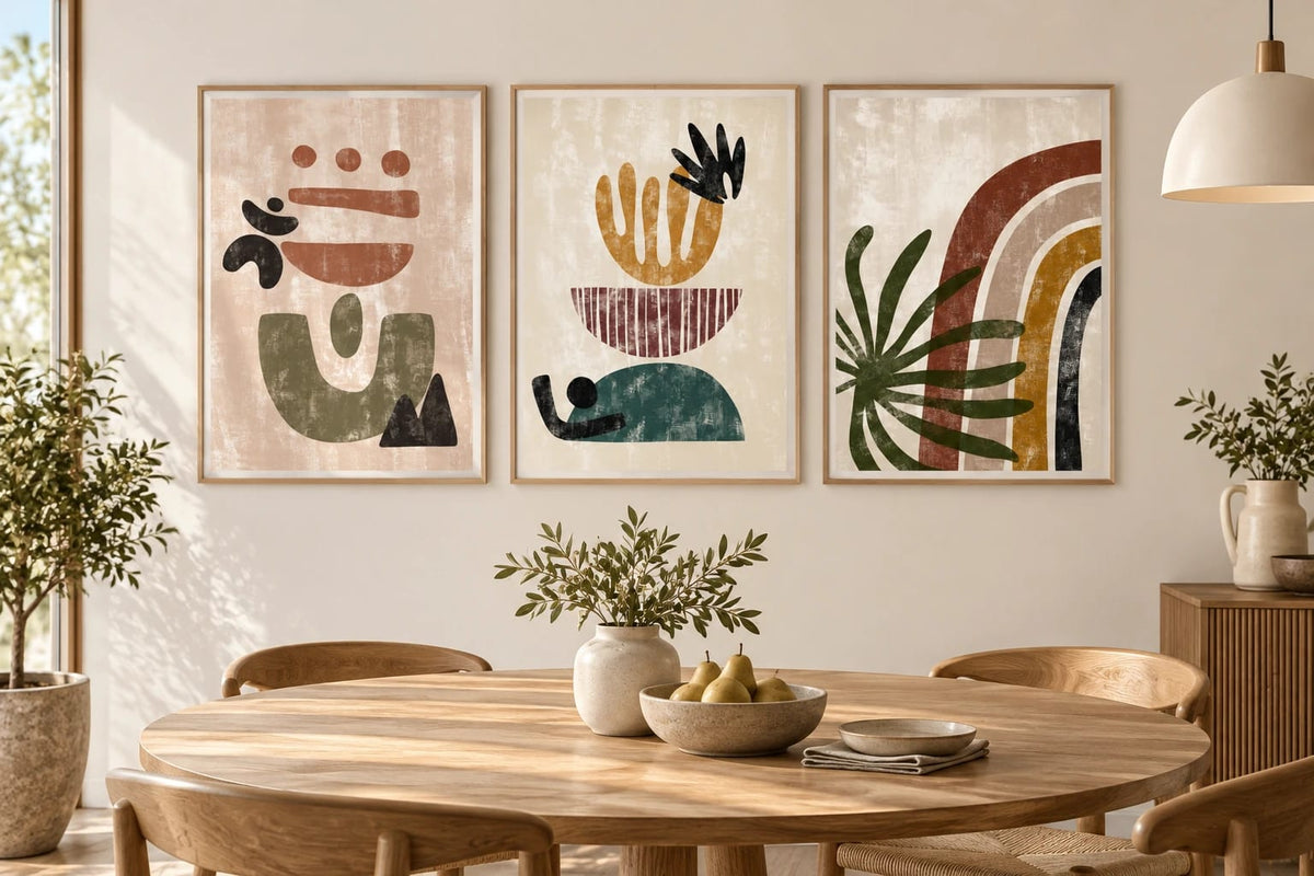 Three earthy abstract prints hang above a round dining table near a window.