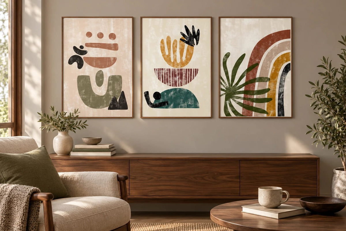 Three earthy prints hang above a console in a living room with an armchair.