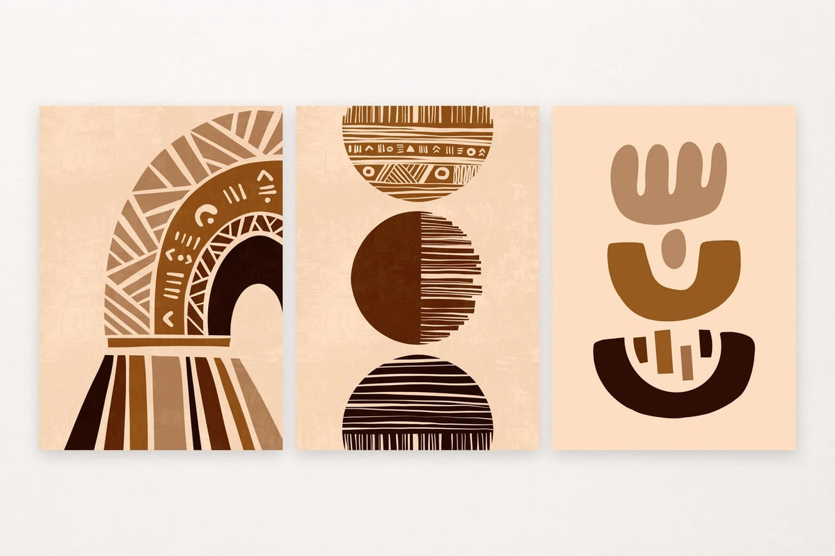 Three abstract prints with an ochre arch, striped circles, and rounded brown forms.