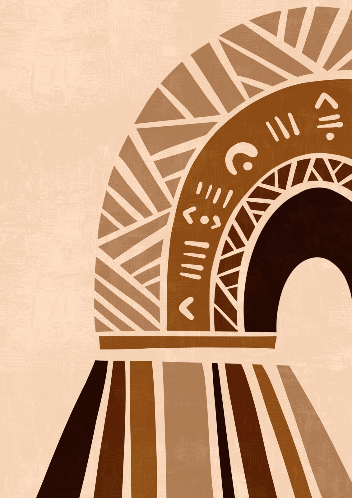 An ochre arch encloses small geometric signs.