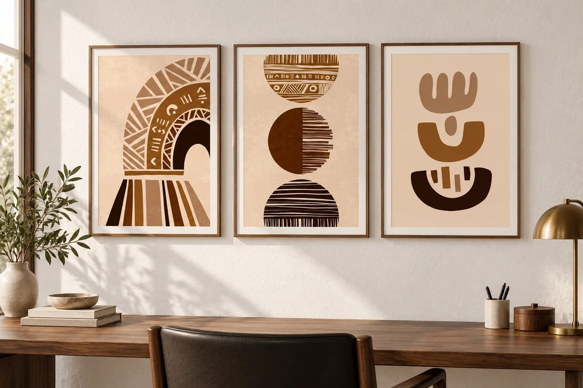 Three geometric prints hang above a desk beside a window.