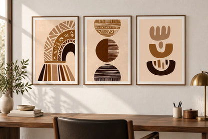 Three geometric prints hang above a desk beside a window.