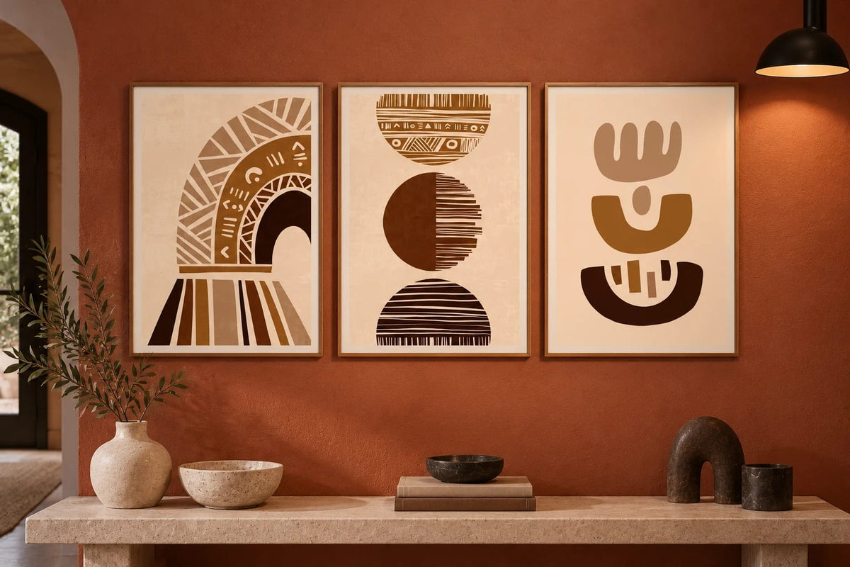 Three geometric prints in dark frames hang on a terracotta wall above a stone console.