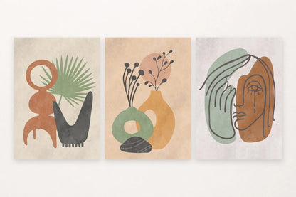 Three prints show a sage leaf, sculptural vases, and a line-drawn face in rust tones.