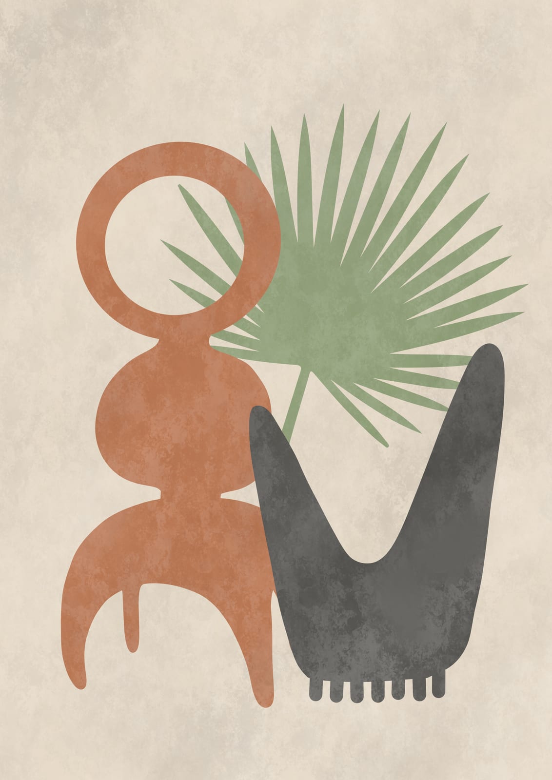 A rust-colored abstract figure sits before a radiating sage leaf.