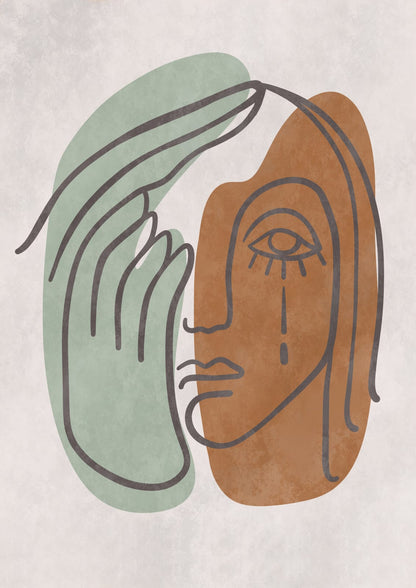 A line-drawn face appears against sage and rust shapes.
