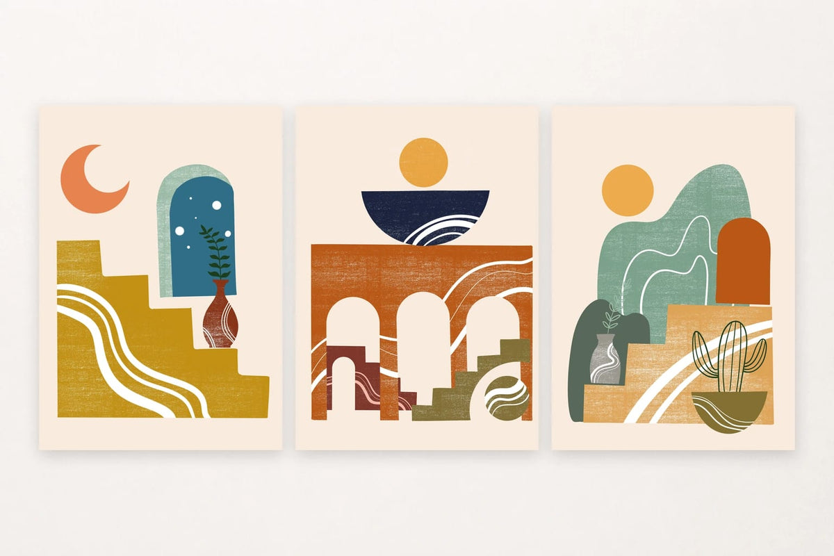 Three prints depict a moonlit arch, a sun over rust arches, and a cactus landscape.