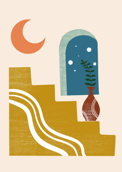A moon and plant sit by a blue arched window and ochre steps.