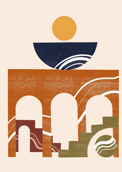 An ochre sun floats above a blue bowl and rust-colored arches.