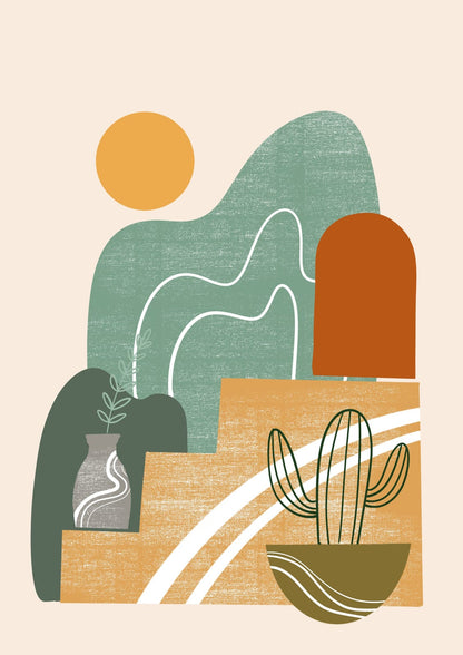 A sage landscape contains a sun, vase, and cactus.