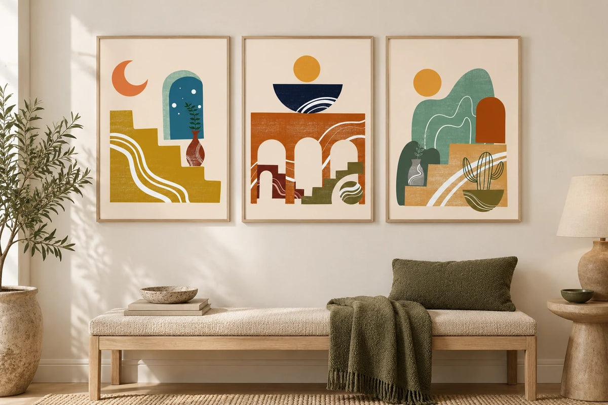 Three graphic prints hang above a light bench beside a window.
