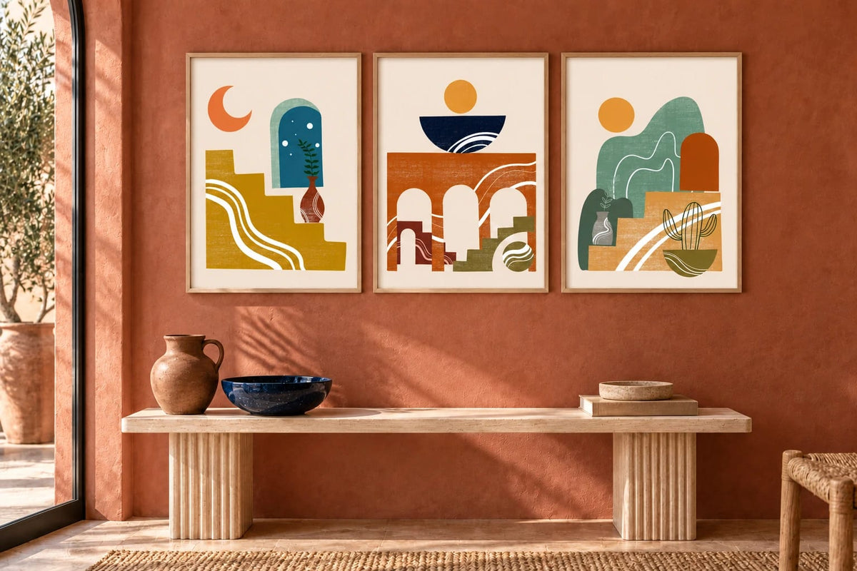 Three graphic prints hang on a terracotta wall above a light console.