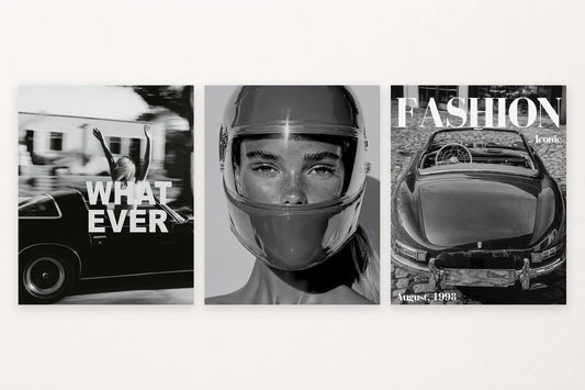 Three monochrome scenes show a woman in a car, a helmet portrait, and a car beneath fashion lettering.