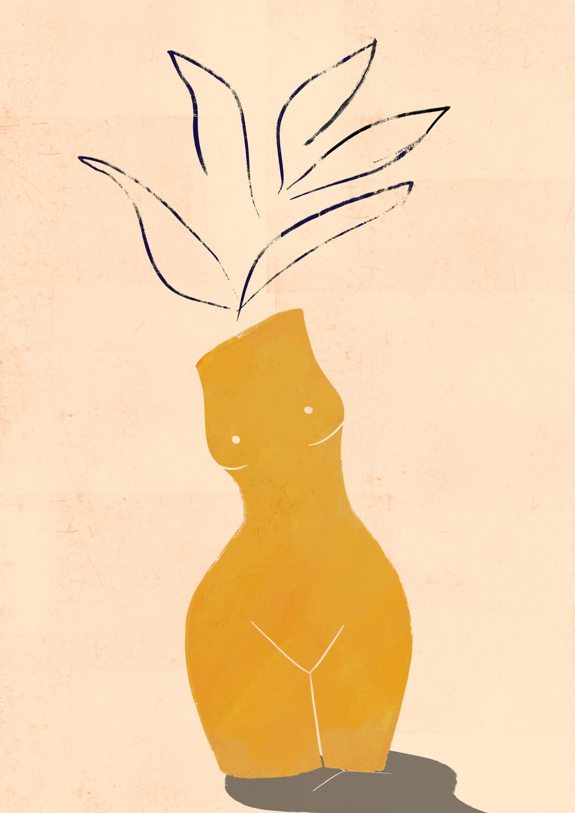 An outlined branch rises from an ochre vase.