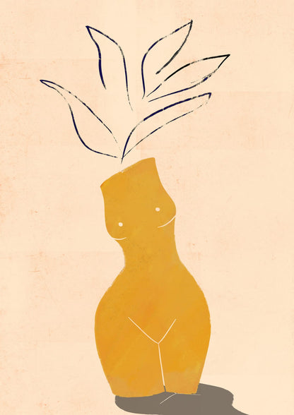 An outlined branch rises from an ochre vase.