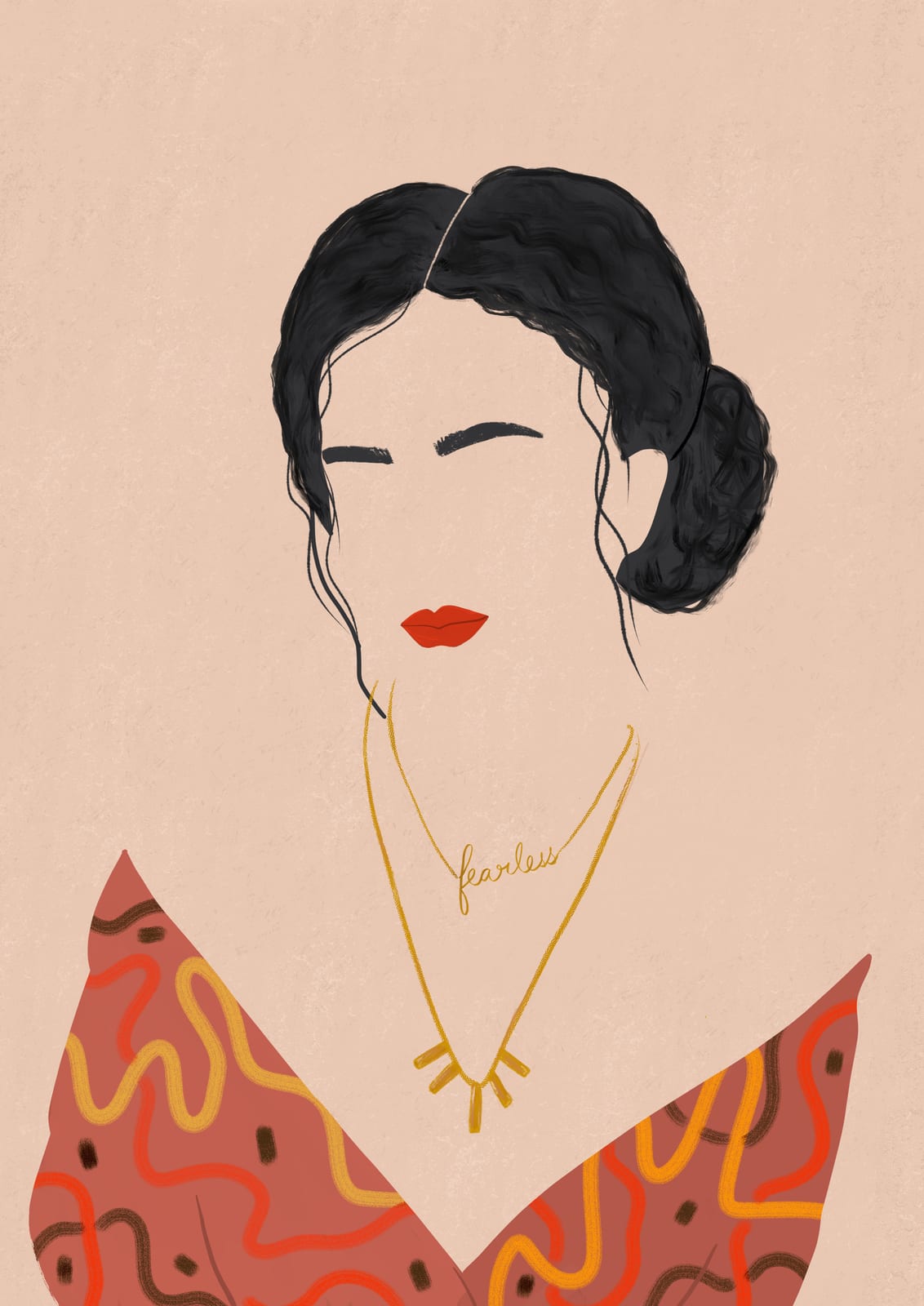 A dark-haired woman with red lips appears in a close portrait.