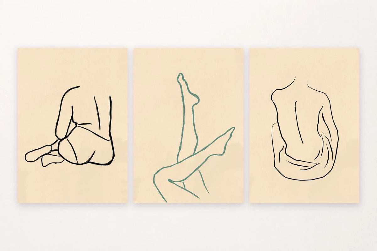 Three minimalist figure drawings with dark and green contour lines.