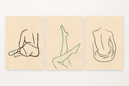Three minimalist figure drawings with dark and green contour lines.
