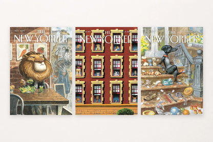 Three animal images show a lion at a table, dogs in brick windows, and a black dog with toys.