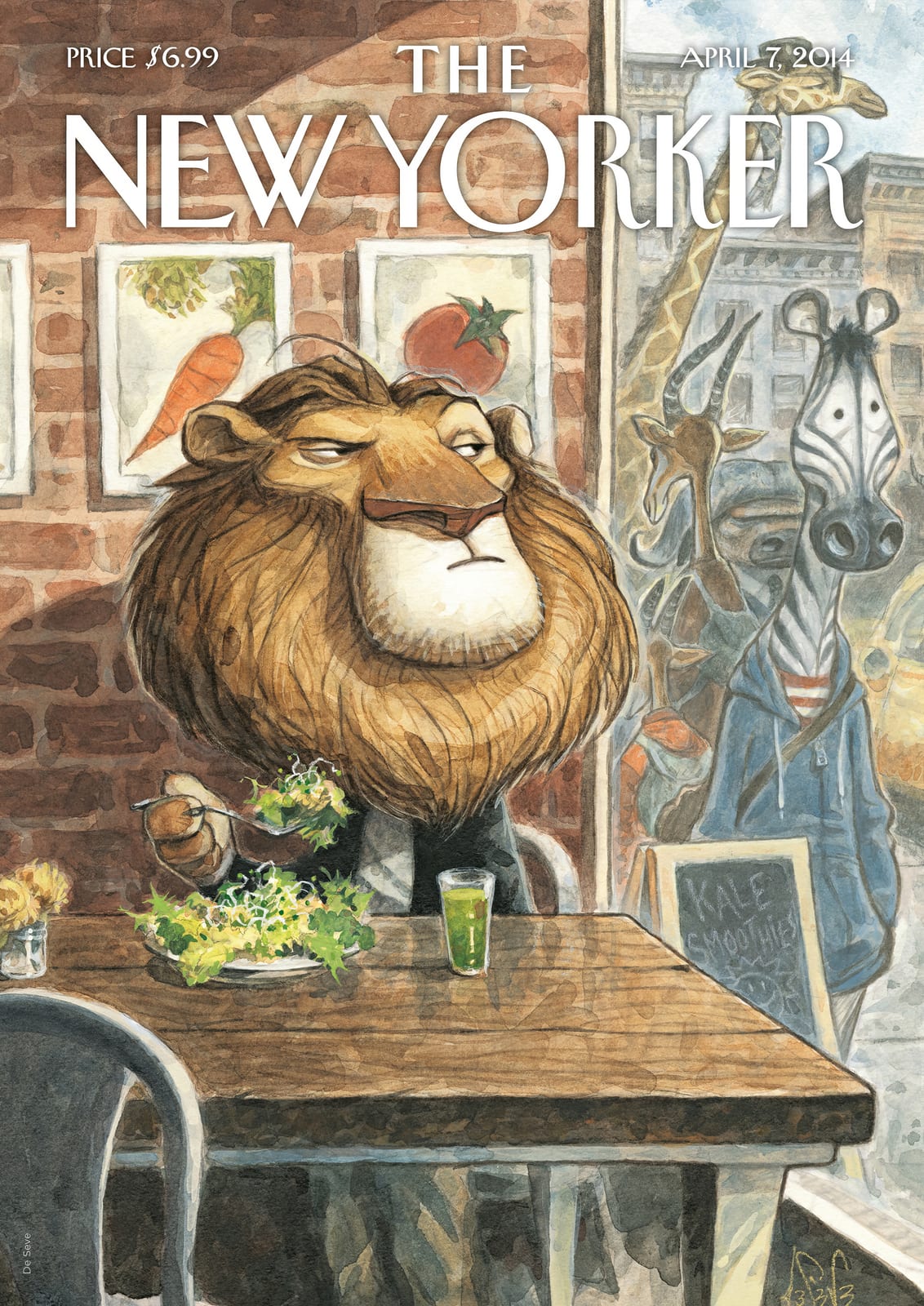 A lion sits at a table among food and framed pictures on a magazine cover.