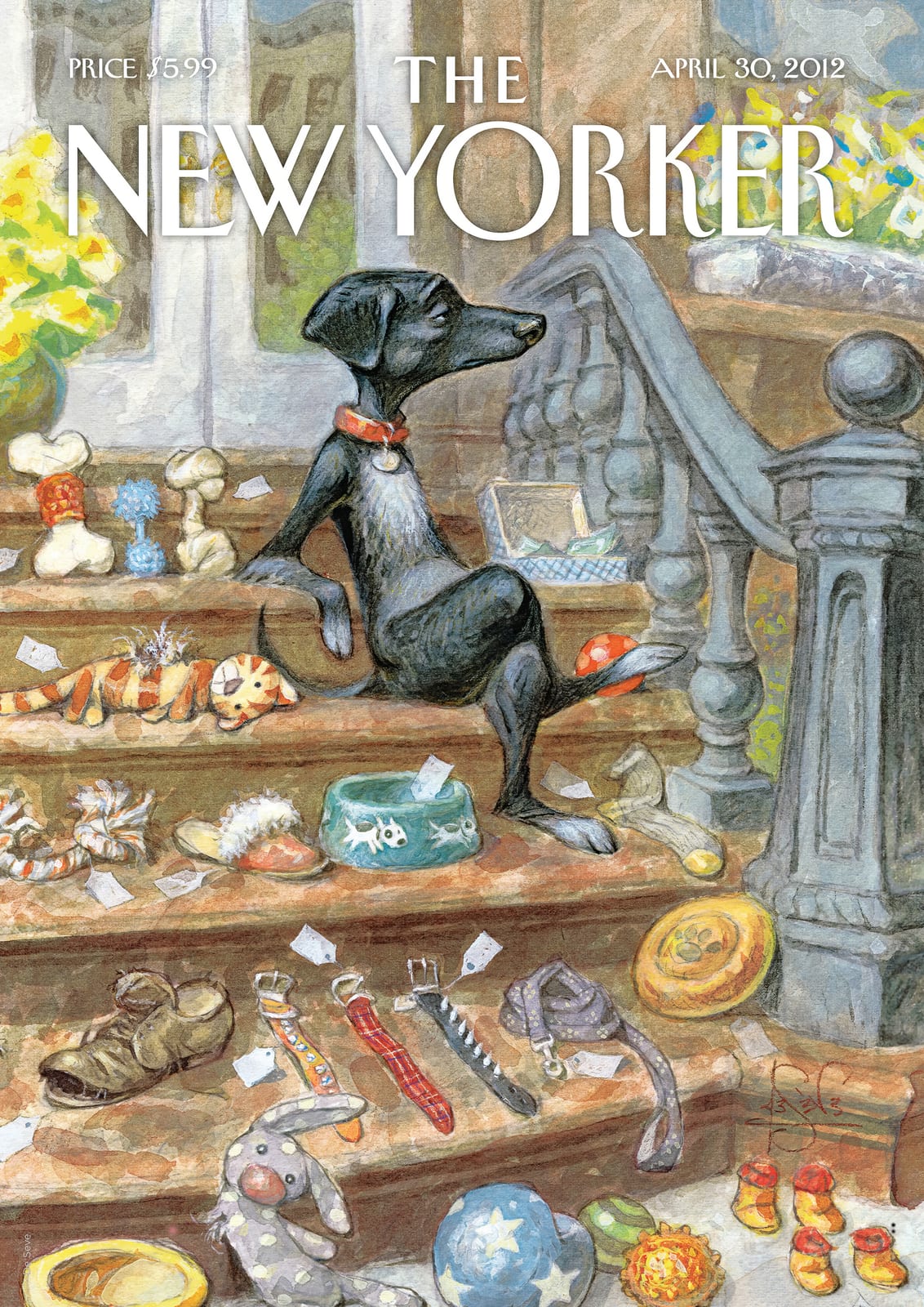 A black dog sits among toys and pet supplies.