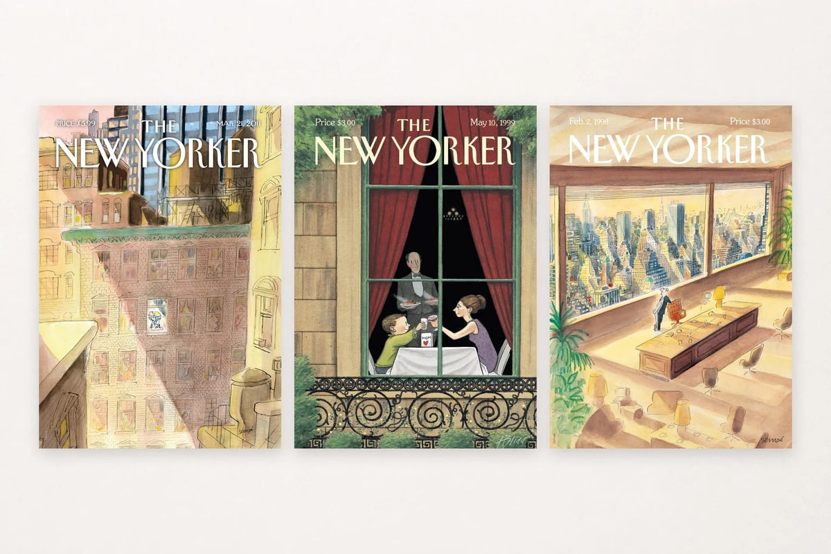 Three images show watercolor city facades, a family at a table, and an office panorama.
