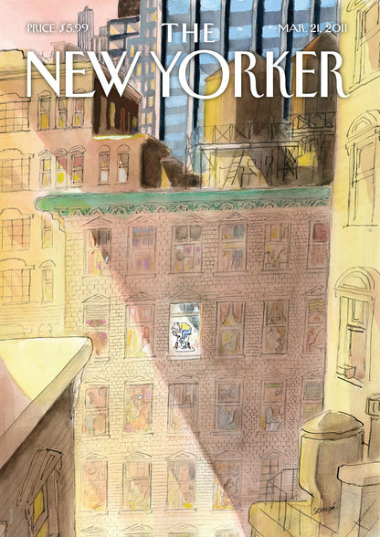 Watercolor city facades with rows of windows.