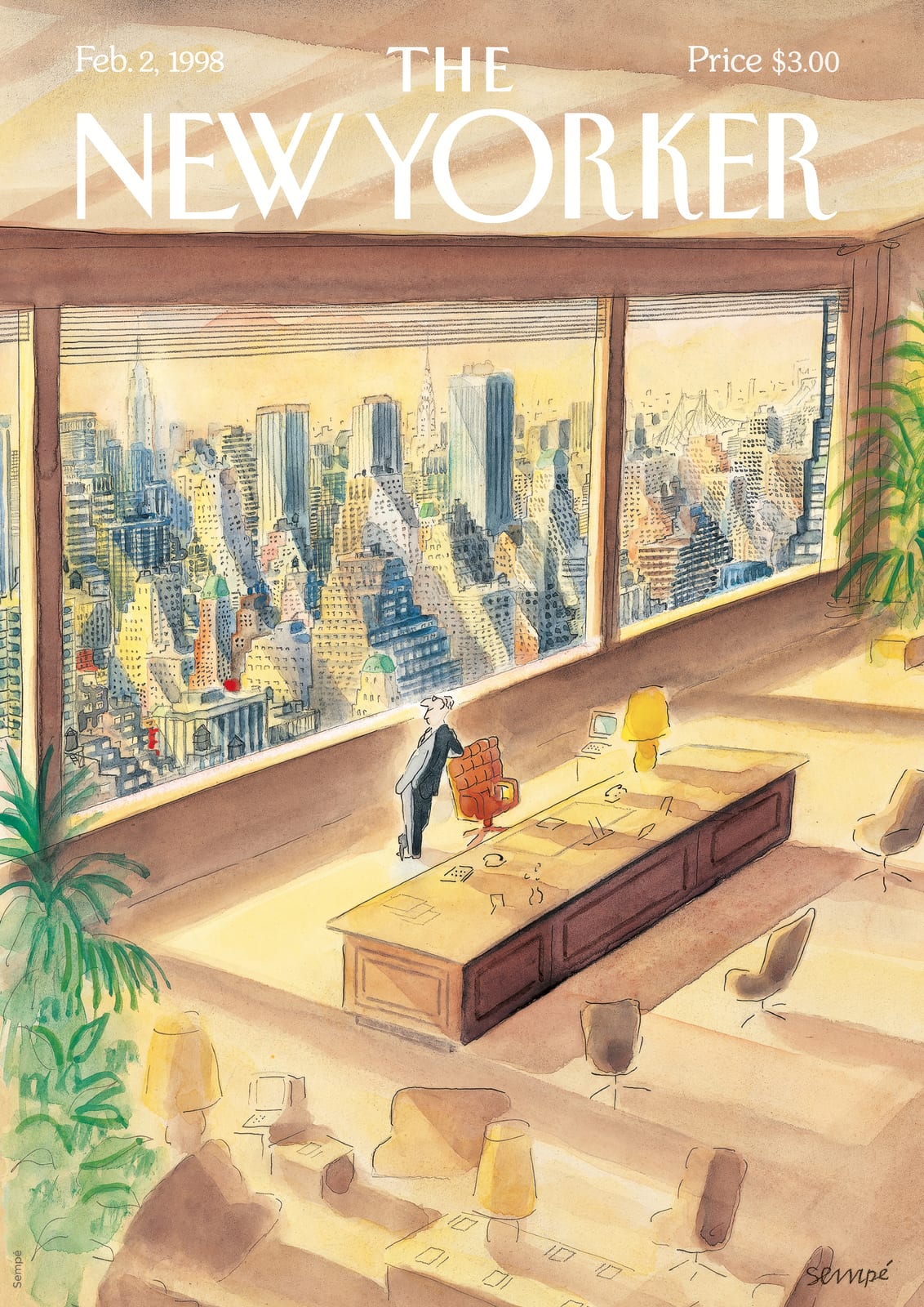 A person in an office looks toward a city panorama.