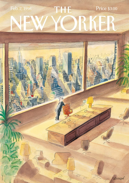 A person in an office looks toward a city panorama.