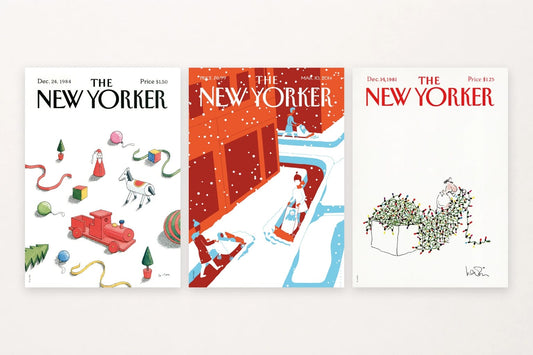 Three holiday prints show Santa, a snowy street, and someone untangling lights.
