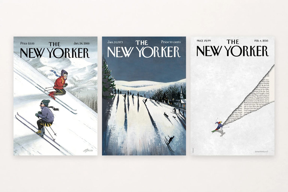 Three winter prints show skiers on a slope, in a village, and beside printed text.