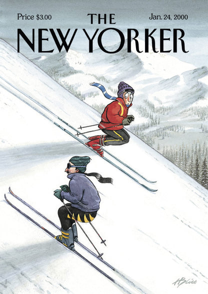 Two skiers descend a snowy slope.