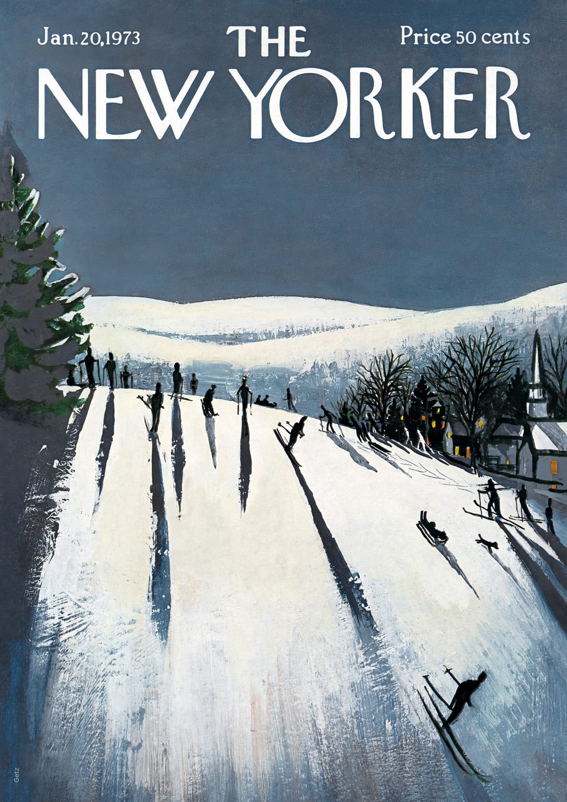 Skiers cross a winter village beneath a blue sky.
