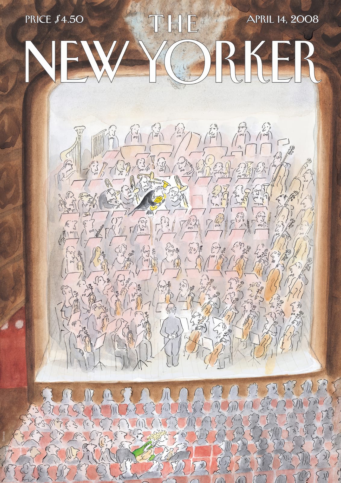 A conductor leads an orchestra beneath a large arch.