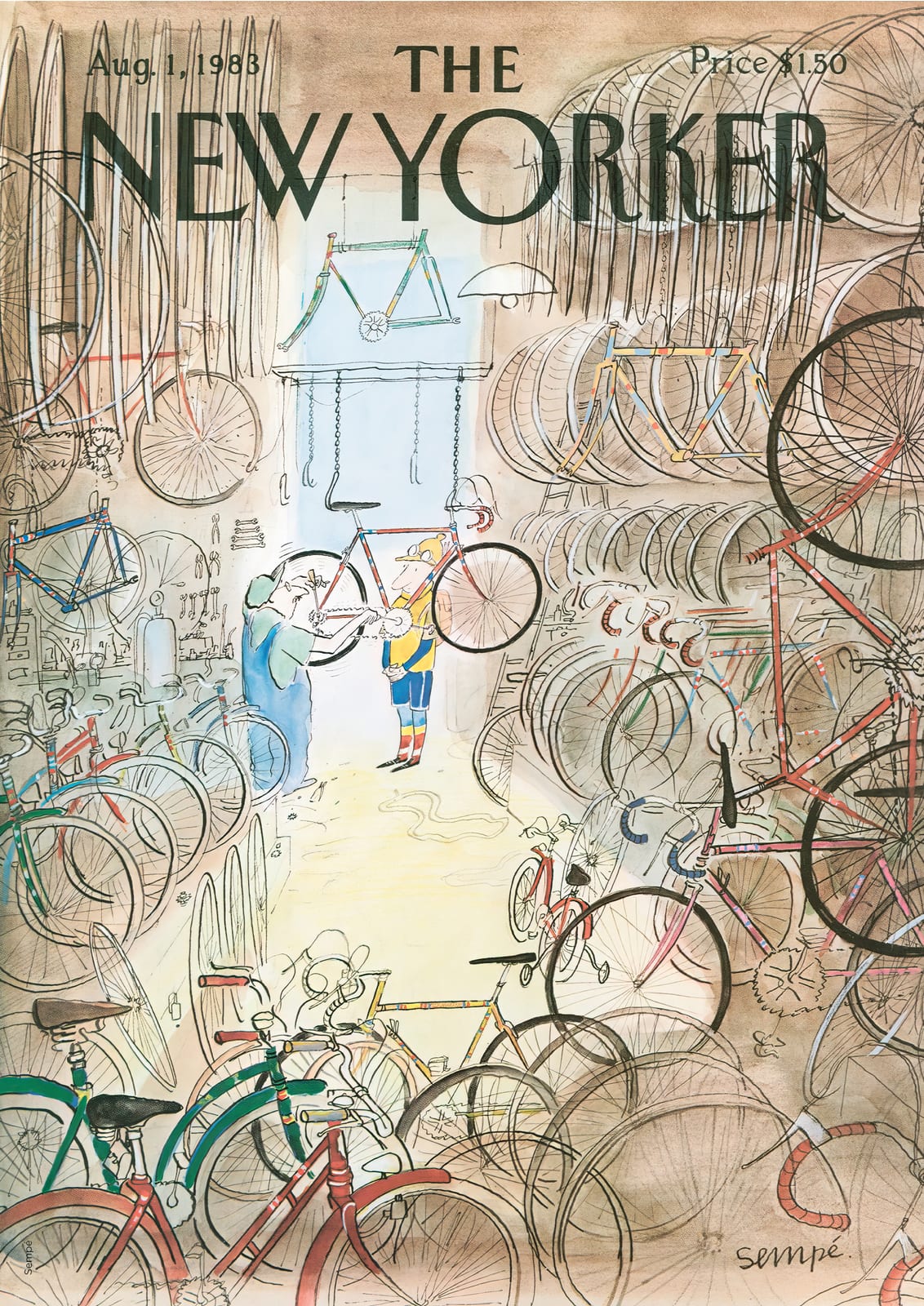 Shoppers and bicycles fill a shop scene.