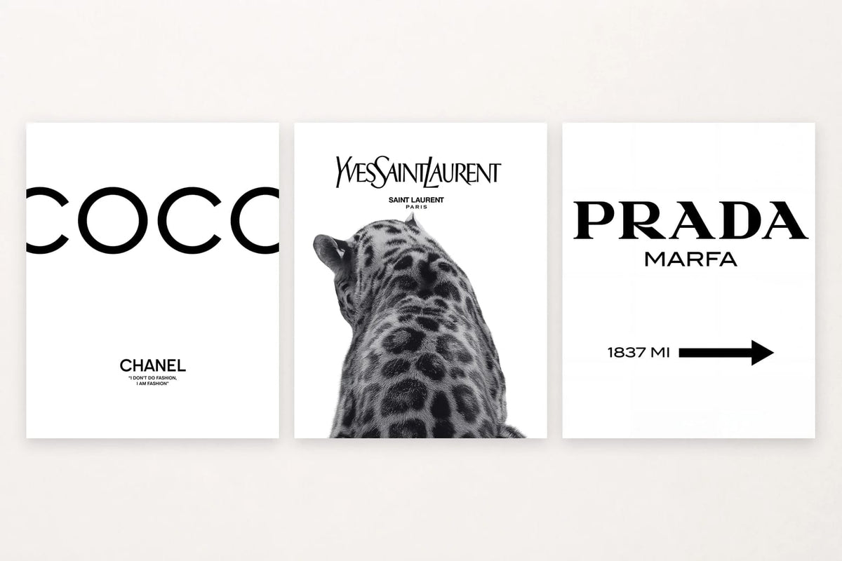 Three fashion-text prints show COCO CHANEL lettering, a leopard portrait, and PRADA MARFA with an arrow.