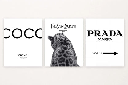 Three fashion-text prints show COCO CHANEL lettering, a leopard portrait, and PRADA MARFA with an arrow.