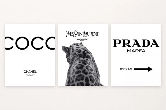 Three fashion-text prints show COCO CHANEL lettering, a leopard portrait, and PRADA MARFA with an arrow.