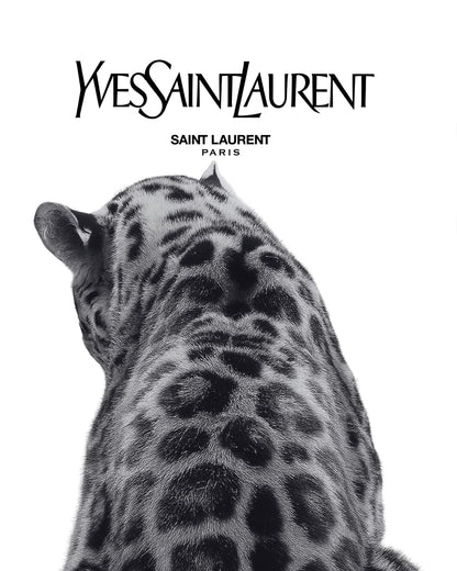 A leopard portrait beneath Yves Saint Laurent lettering.