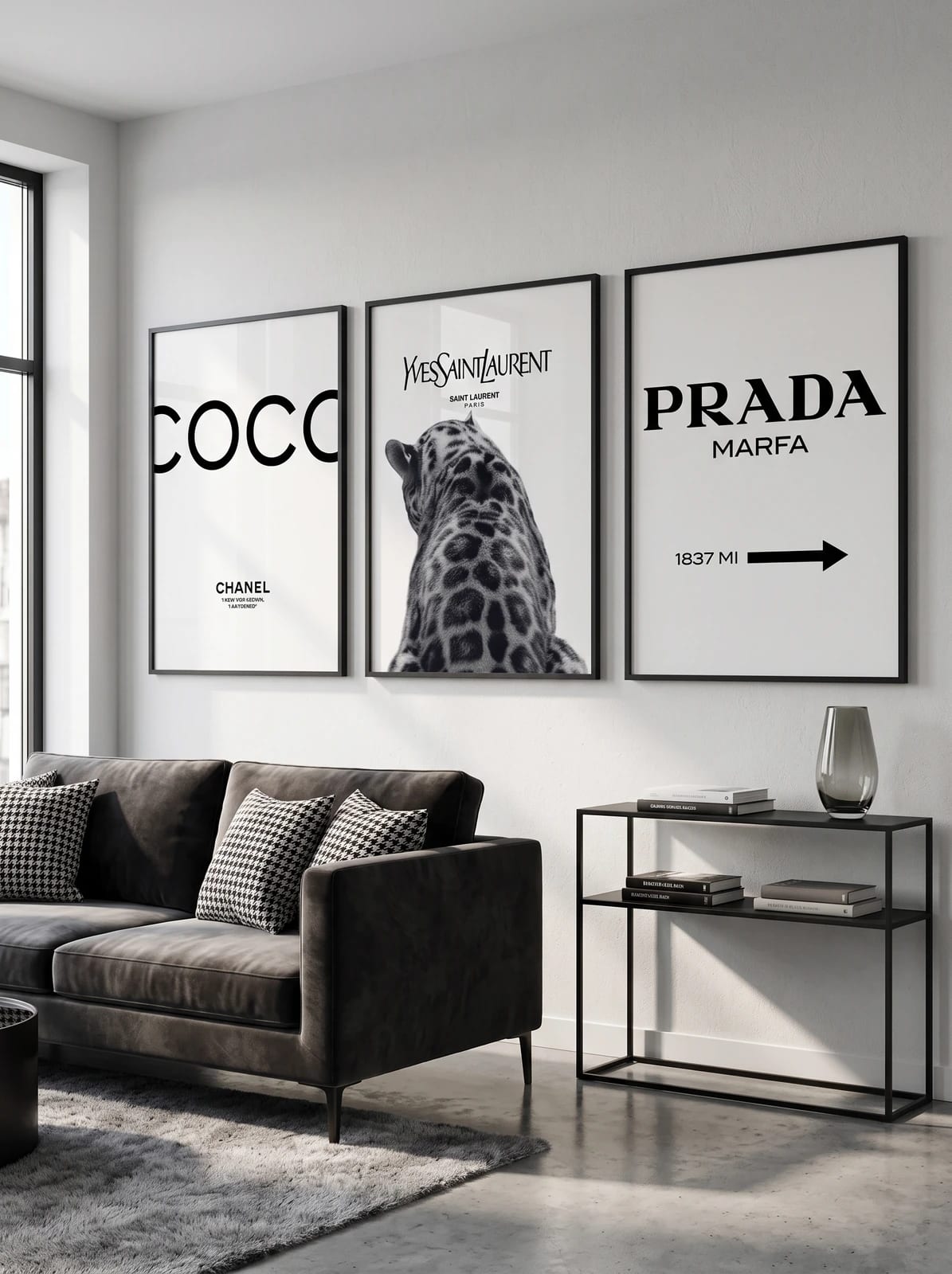 COCO CHANEL lettering, a leopard portrait, and a PRADA MARFA panel displayed together; frames are not included.