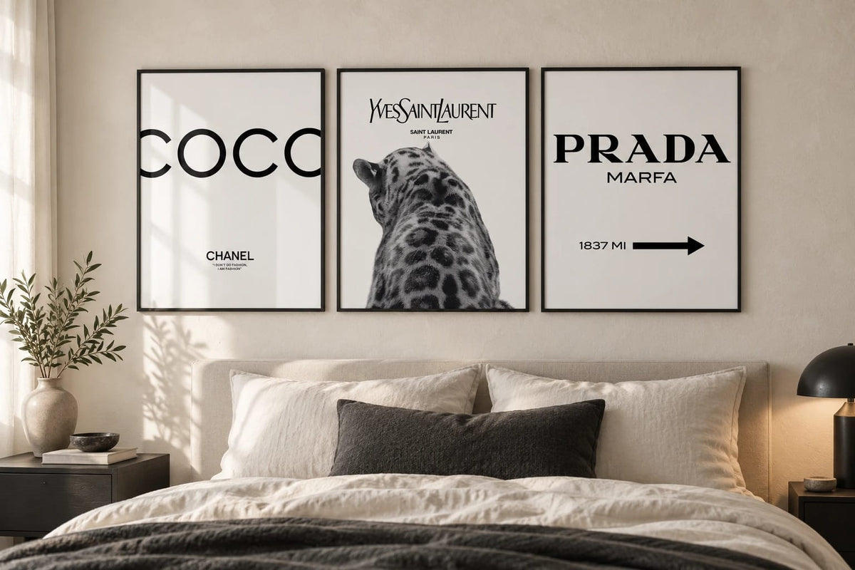 The fashion typography prints grouped as a black-and-white wall set; frames are not included.