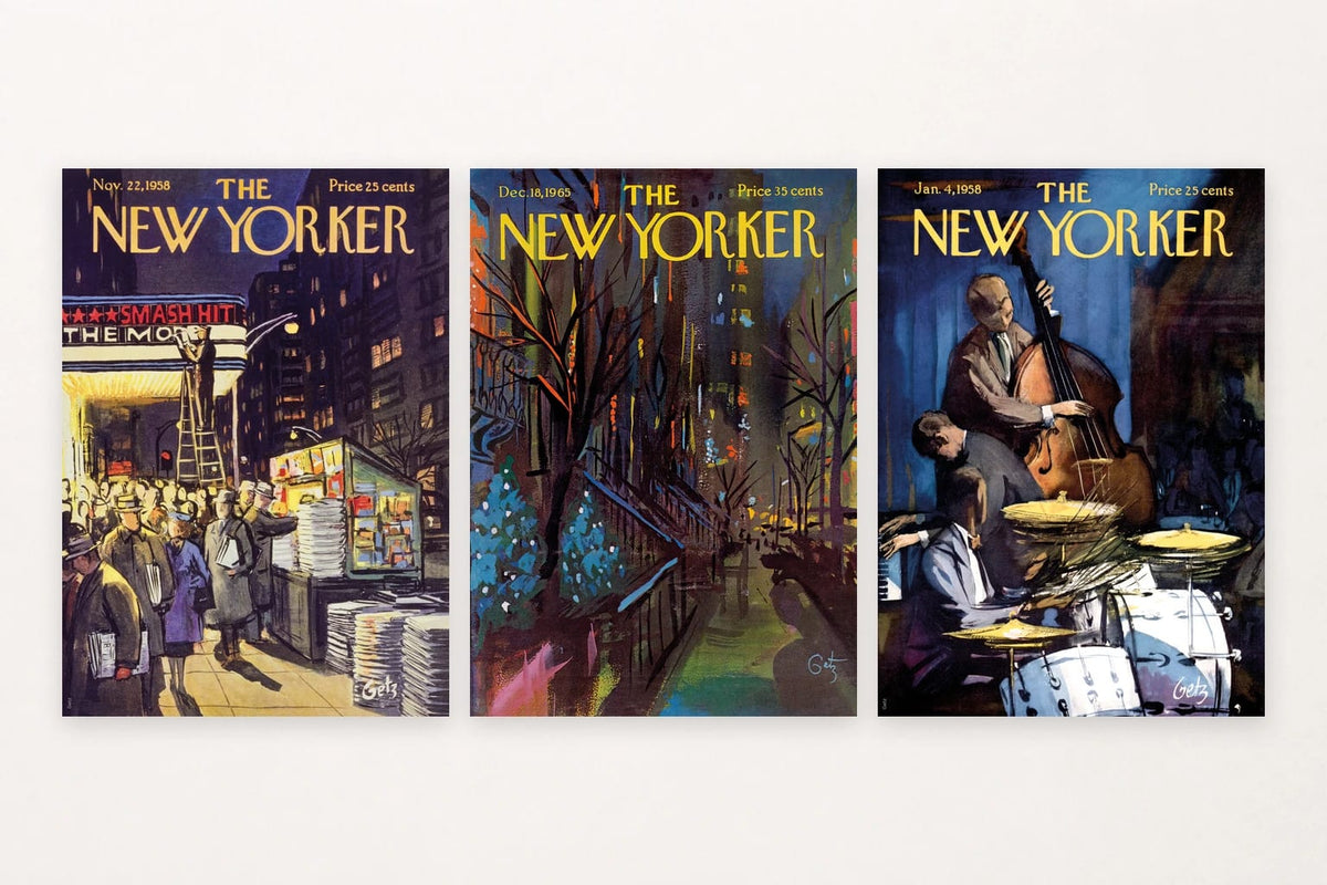 Three night scenes show a theater crowd, winter street lights, and a double-bass player.