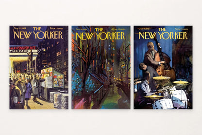 Three night scenes show a theater crowd, winter street lights, and a double-bass player.