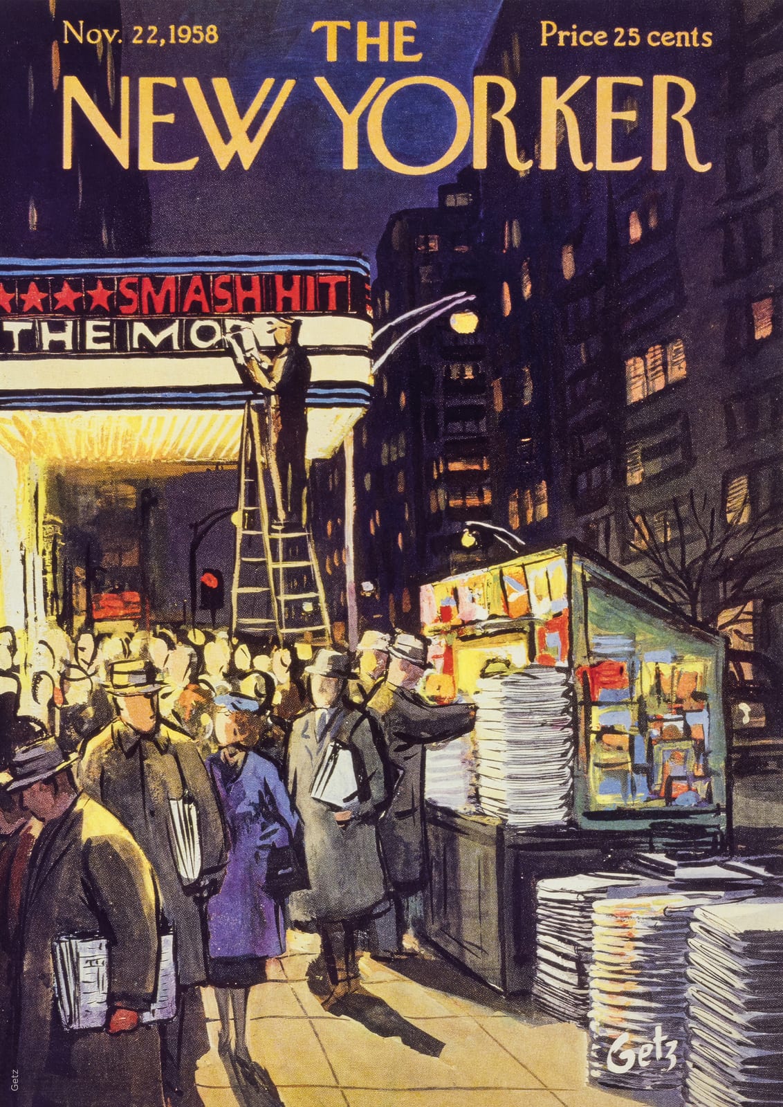 A nighttime crowd gathers near an illuminated theater and kiosk.