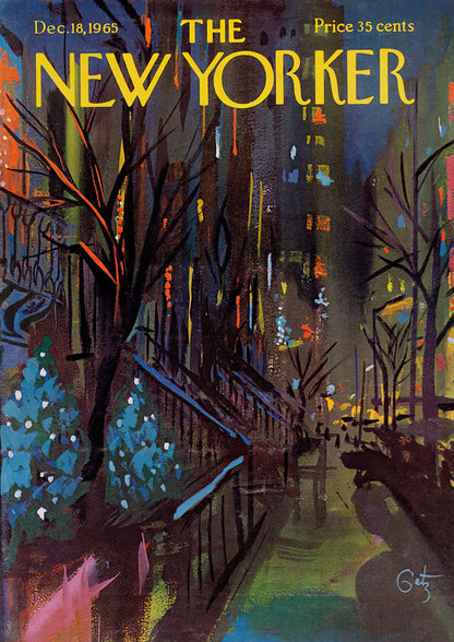 Blue and orange lights brighten a winter city street.